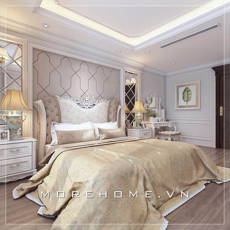 Giường ngủ màu trắng được tạo nên từ chất liệu gỗ tự nhiên nhập khẩu cao cấp tạo nên sự vững chãi và chắc chắn cho không gian phòng ngủ Master cao cấp